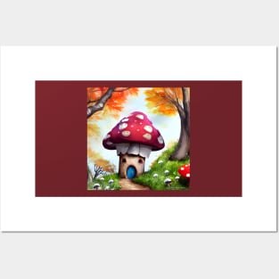 Cute and Cozy Cabin in the Autumn Woods in the shape of a Mushroom Posters and Art